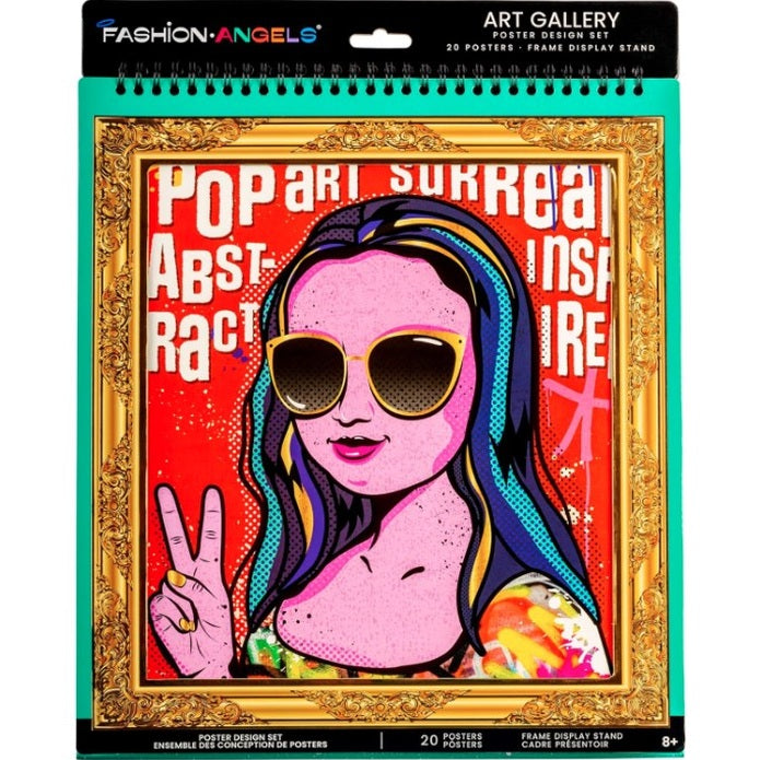 A "Fashion Angels Art Gallery" poster design set with a pop-art portrait of a woman with sunglasses.